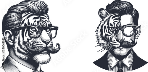 Engraved Design Distinguished Gentleman with Oversized Glasses & Majestic Tiger Face in Profile animal theme hair man, gigantic, huge, coiffure, vintage, engraving, glasses, tiger, face, animal