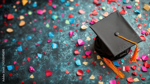Graduation Cap Placed on Colorful Confetti Background During Celebration