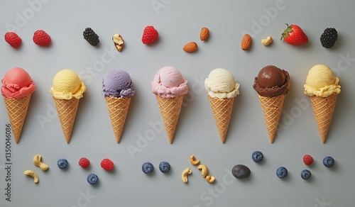 Colorful Ice Cream Cones Arranged Neatly With Fruits and Nuts for a Delightfu...