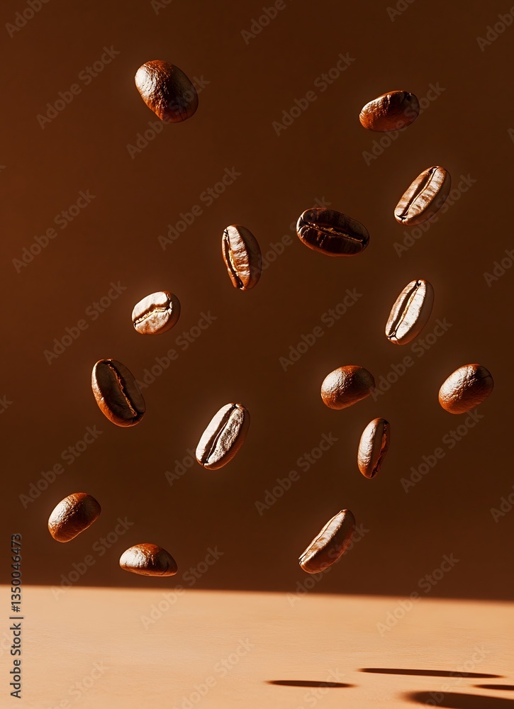 Fototapeta premium Several roasted coffee beans are suspended against a brown backdrop