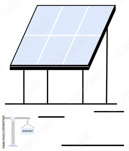 Solar panel structure with tilted angle stands on supports alongside an industrial crane lifting an import label. Ideal for renewable energy, global trade, sustainability, technology, industry