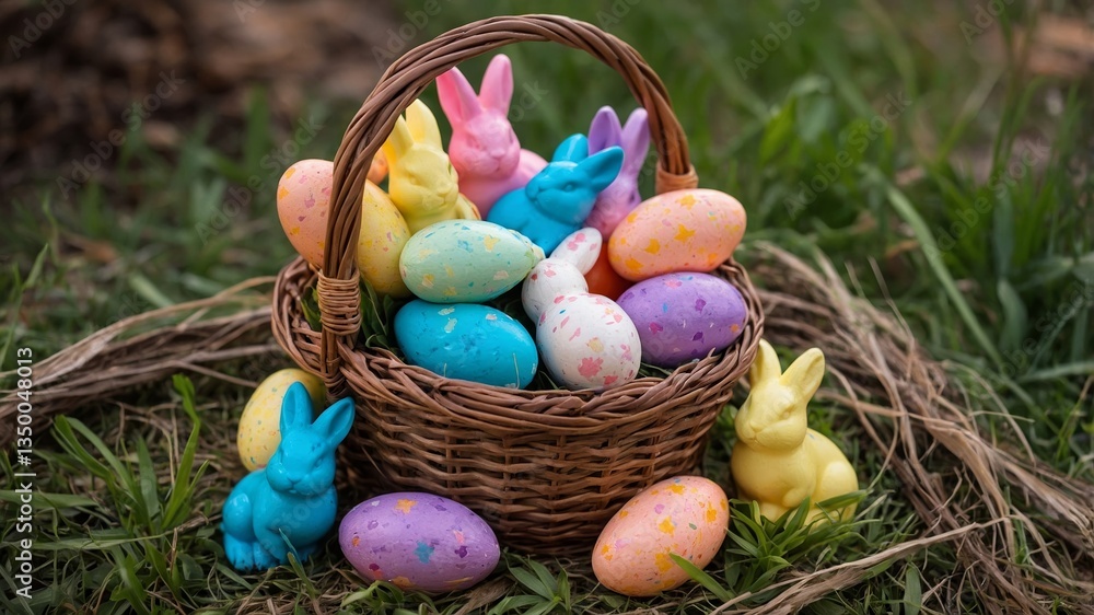 Fototapeta premium Colorful Easter basket filled with decorated eggs and bunny figures in a grassy outdoor setting during springtime