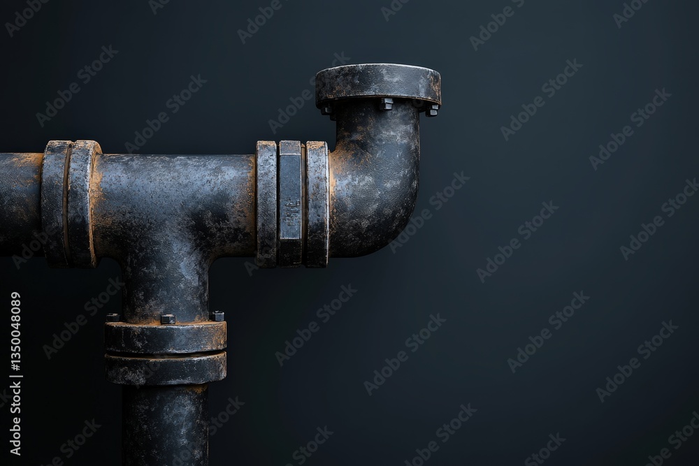 An industrial metal pipe assembly against a dark background An industrial metal pipe assembly against a dark background