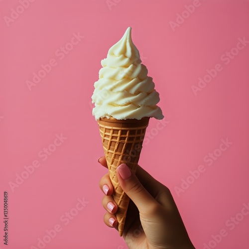 Delicious Ice Cream Cone Held by Hand Against a Vibrant Pink Background in Br...