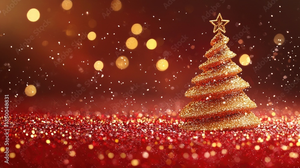A sparkling golden Christmas tree with a glowing star on a red glitter background, surrounded by festive bokeh lights and falling glitter. Ideal for Christmas cards, banners, and holiday designs A sparkling golden Christmas tree with a glowing star on a red glitter background, surrounded by festive bokeh lights and falling glitter. Ideal for Christmas cards, banners, and holiday designs