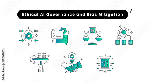 Ethical AI Governance and Bias Mitigation. Ethical AI Governance Icon, Hallucination Mitigation Icon, Fine-Tuning Icon, AI Model Training Icon, Ethical AI.
