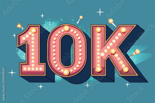 A glowing 10K in illuminated marquee lights, representing a successful milestone achievement, perfect for content related to views and subscribers