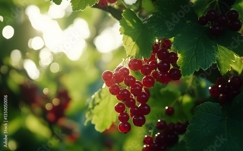Bright Red Currants Hanging From Lush Green Leaves in a Sunlit Garden