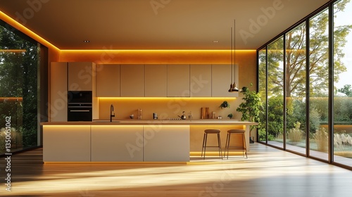 Modern Kitchen Design With Warm Lighting and Large Windows Overlooking Nature