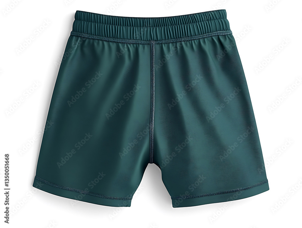 Dark green athletic shorts featuring an elastic waistband and a clean simple design laid flat on a white surface. Dark green athletic shorts featuring an elastic waistband and a clean simple design laid flat on a white surface.