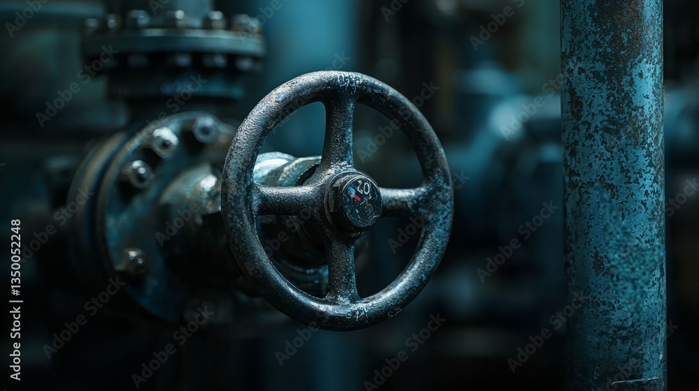 Industrial Valve Control Handle in Dimly Lit Factory Environment Industrial Valve Control Handle in Dimly Lit Factory Environment