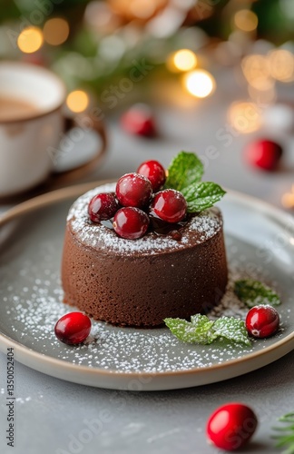 Delicious Chocolate Dessert Topped With Berries and Mint in Cozy Setting Duri...