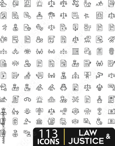 Collection of Modern Editable Thin Line Style Icons Set Justice And Law, Firm, Criminal, Court And More Vector Illustration