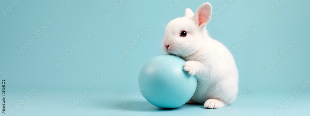 Fototapeta premium A white rabbit sitting on top of a blue ball.