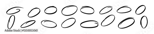 Hand-drawn highlight strokes with pencil, pen, and marker textures. Oval and round sketch lines for emphasis and underlining. Flat vector illustration isolated on white background.