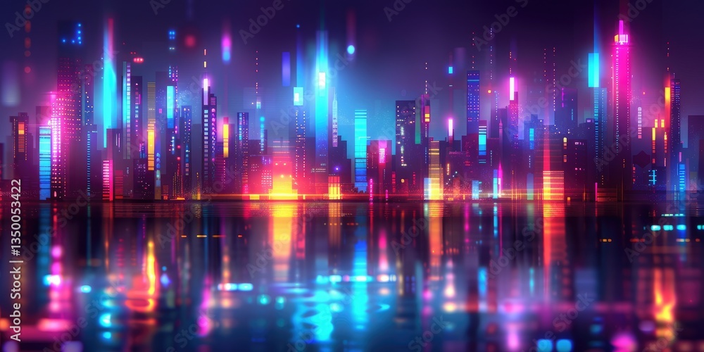 Vibrant Neon Cityscape at Night Reflecting on Calm Water A Stunning Digital Art Illustration Vibrant Neon Cityscape at Night Reflecting on Calm Water A Stunning Digital Art Illustration