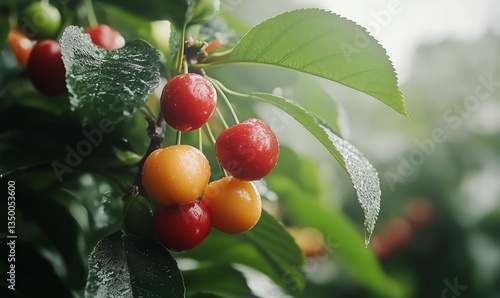 Bright Cherries Ripen on the Branch During a Sunny Day in a Lush Orchard