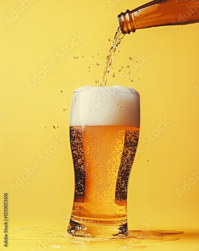 Frothy Beer Splashes From a Glass Against a Vibrant Yellow Backdrop