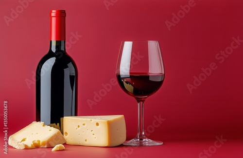 Cheese and Red Wine Pairing on a Red Background Showcasing a Bottle, Glass, a...