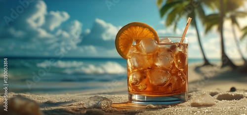 Refreshing Cocktail on Sandy Beach With Waves and Palm Trees Near Ocean Under...