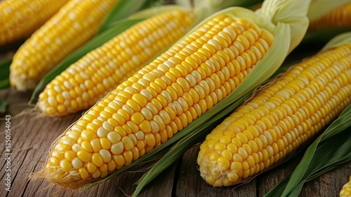 Freshly Harvested Corn Cobs Displayed on Wooden Surface in a Natural Setting