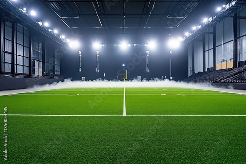Indoor football field with dramatic lighting and fog