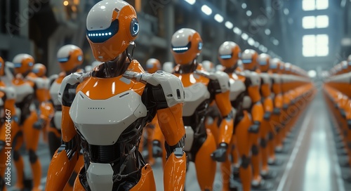 Advanced Robots Line up in a High-Tech Manufacturing Facility Showcasing Auto...