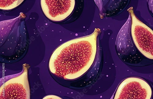Colorful Figs Arranged on a Purple Background With Leaves for a Vibrant Decor...