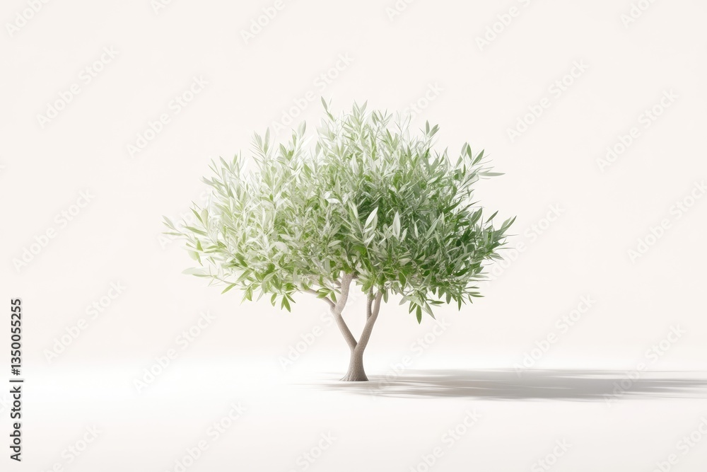 Obraz premium Isolated, light-filled olive tree. A digitally rendered, pale-toned olive tree, subtly detailed, against a blank white background. Soft lighting creates a gentle shadow below