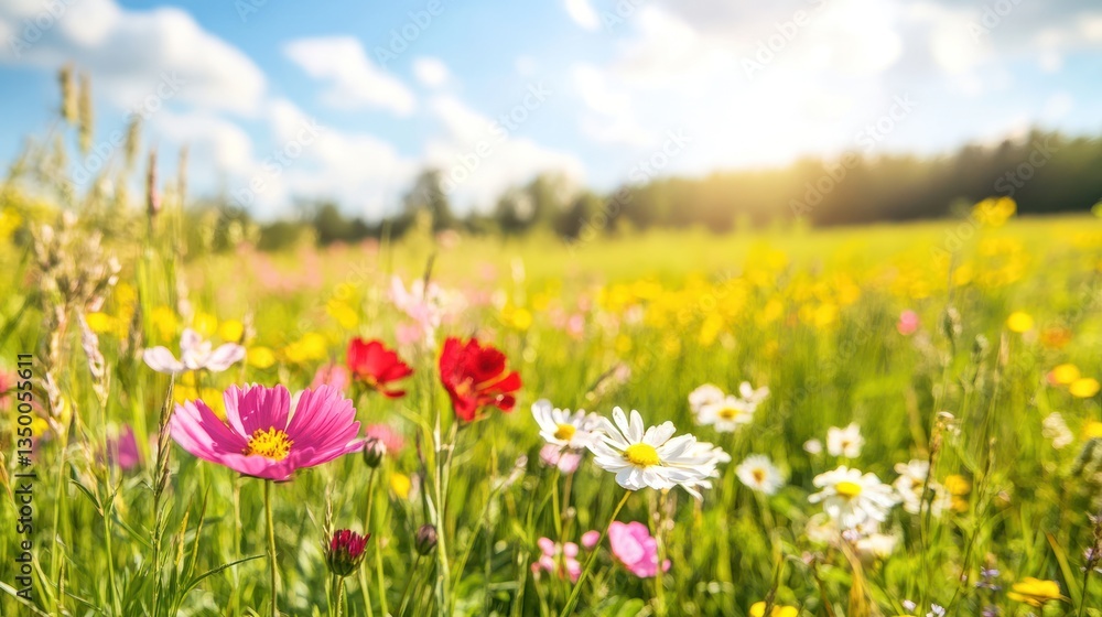 A beautiful meadow of colorful flowers under a bright sunny sky A beautiful meadow of colorful flowers under a bright sunny sky