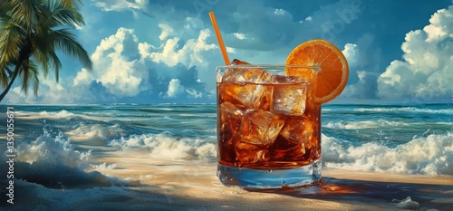 Refreshing Cocktail on Sandy Beach With Waves and Palm Trees Near Ocean Under...