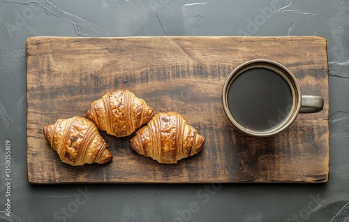 Enjoying Fresh Croissants and Coffee on a Wooden Board in a Cozy Setting