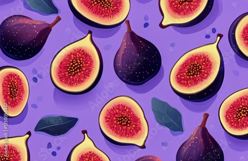 Colorful Figs Arranged on a Purple Background With Leaves for a Vibrant Decor...