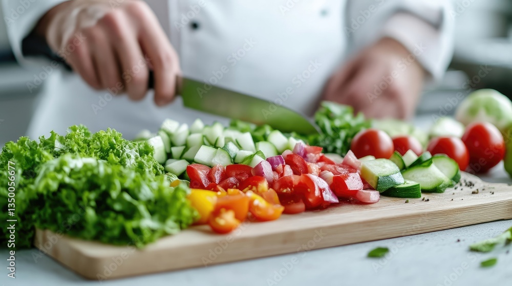 Chef meticulously chopping fresh vegetables on a wooden cutting board. A vibrant array of colorful ingredients is prepared for a healthy meal Chef meticulously chopping fresh vegetables on a wooden cutting board. A vibrant array of colorful ingredients is prepared for a healthy meal