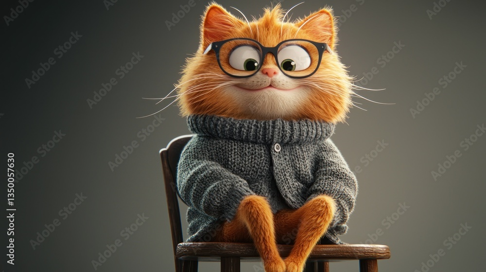 Obraz premium Animated cat in sweater, glasses, on chair, studio shot