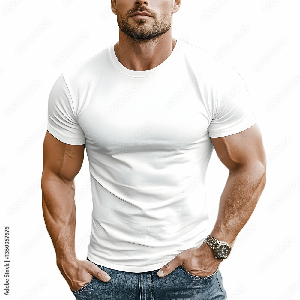 Man Wearing White T-Shirt with Hands in Pockets Man Wearing White T-Shirt with Hands in Pockets