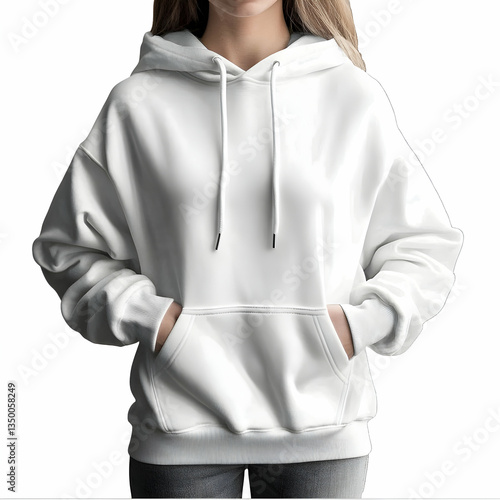 Minimalist White Hoodie on Woman with Hands in Pockets