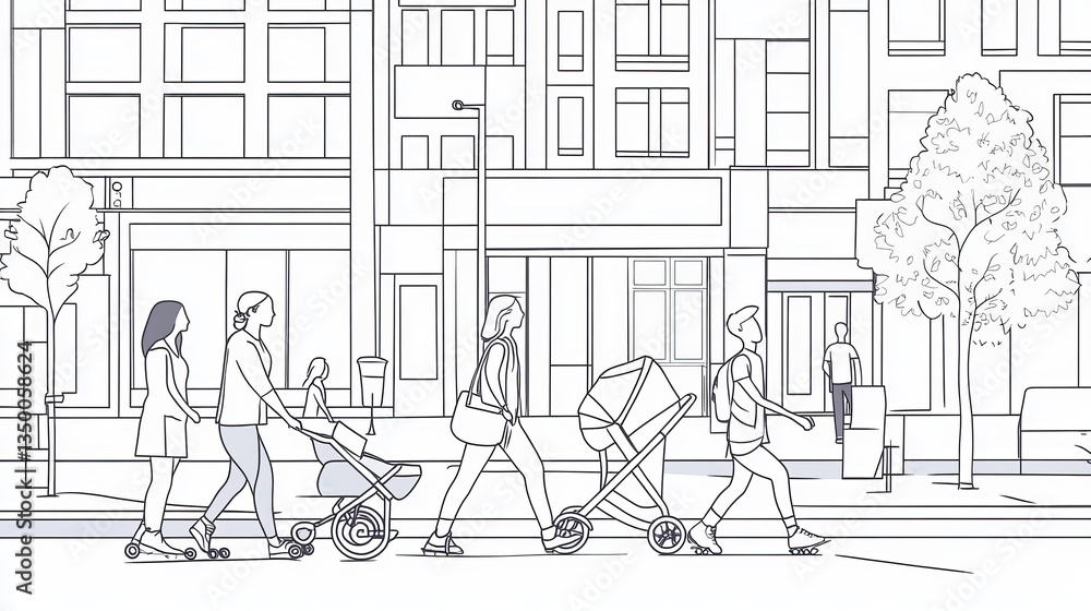 Obraz premium People walk at city street, characters go along the road on urban cityscape background. Mother with baby in stroller and toddler, couple, teens riding skates and bicycle, Line art vector illustration