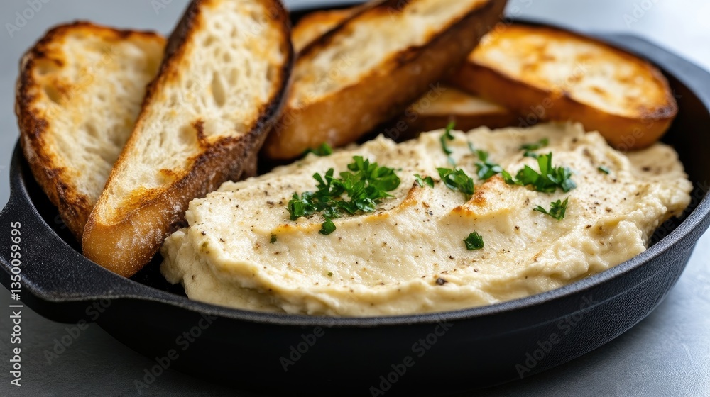 Creamy dip served with toasted bread slices Creamy dip served with toasted bread slices