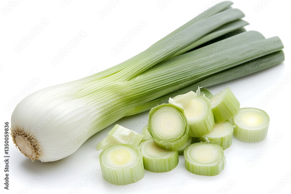 a whole leek and several chopped pieces on a white background a whole leek and several chopped pieces on a white background