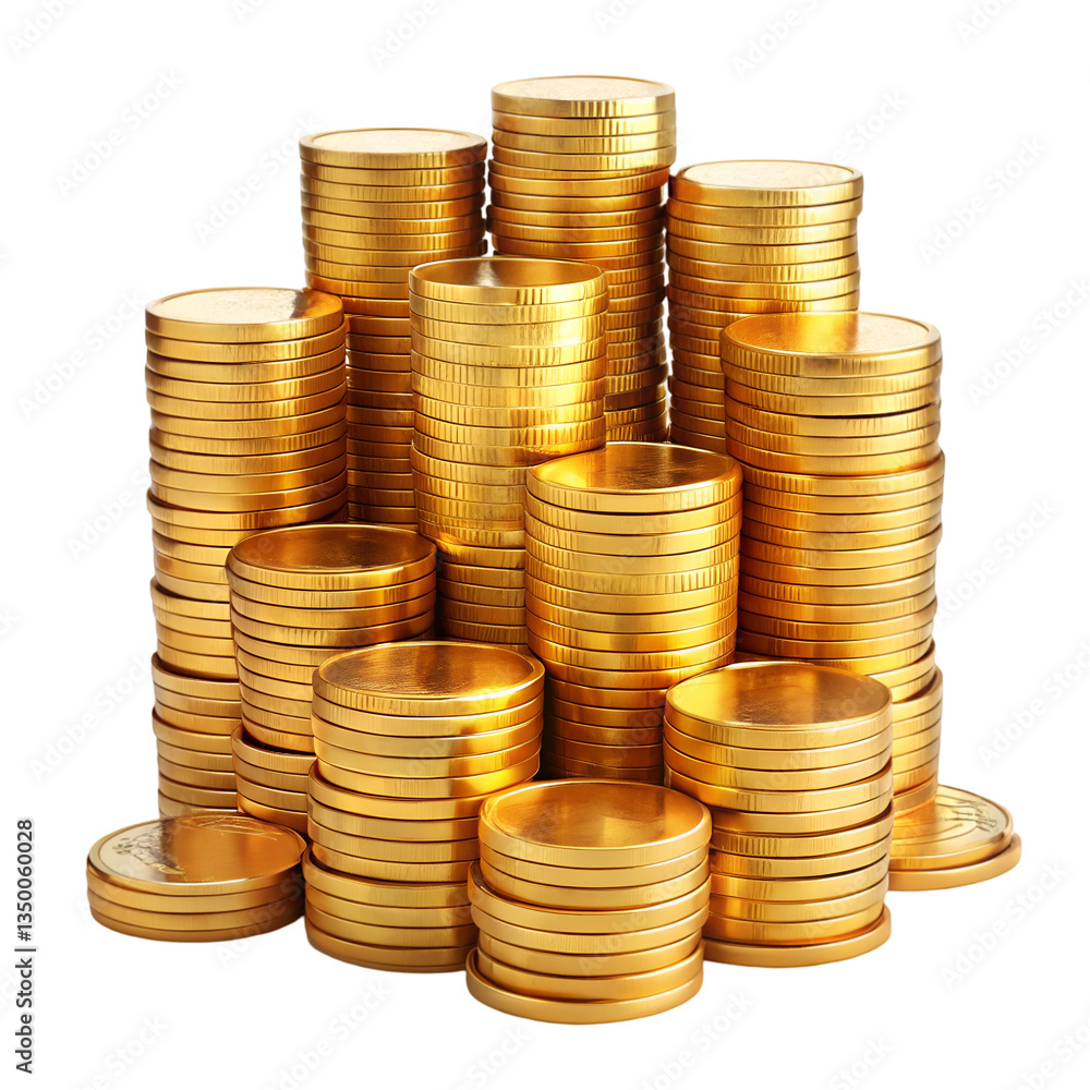 Gold stacks of shiny coins isolated on transparent background
Gold stacks of shiny coins isolated on transparent background