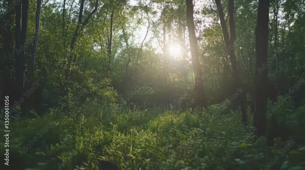 Fototapeta premium Sunlight filtering through lush forest foliage