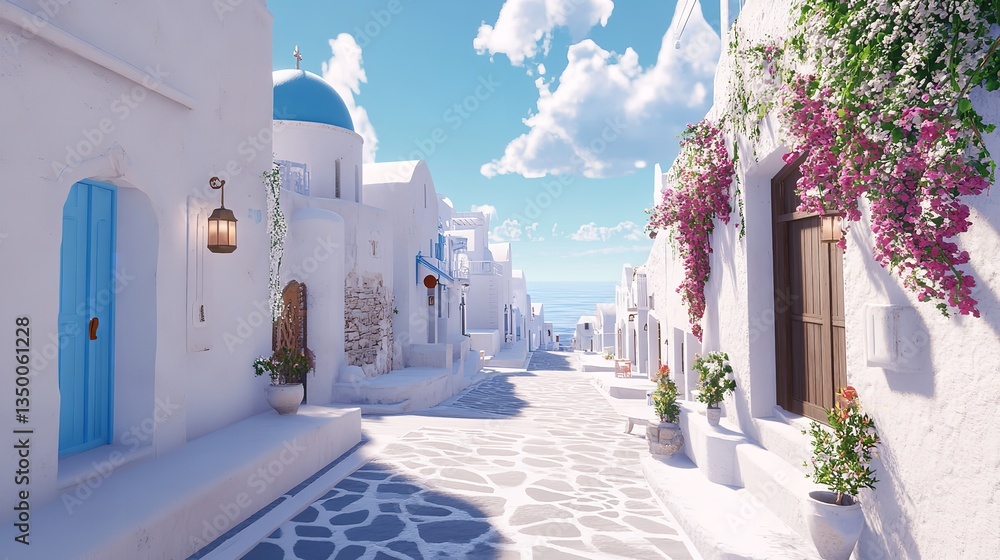 Fototapeta premium Charming Mediterranean village with white buildings and blue domes by the sea during sunset
