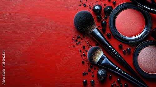Makeup brushes and blush on red background