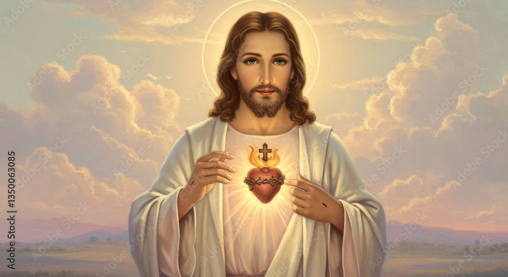 Fototapeta premium A divine representation of Jesus with an illuminated Sacred Heart, radiating warmth and mercy.