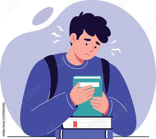 A young student with a blue sweater and backpack, looking worried while holding a book, in a minimal vector illustration style depicting academic stress