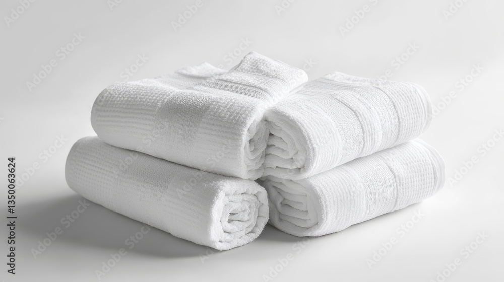 White towels, isolated terrycloth, home textile rolled, folded and stacked in piles. Realistic clean bathroom domestic or hotel stuff for hygiene and shower procedures, terry 3d vector illustration White towels, isolated terrycloth, home textile rolled, folded and stacked in piles. Realistic clean bathroom domestic or hotel stuff for hygiene and shower procedures, terry 3d vector illustration