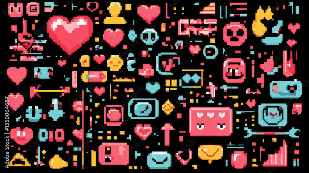 Trendy y2k design style poster layout with pixel art abstract elements and shapes of heart, smile face, arrow and cartoon eyes on black background. Vector set of 2000s aesthetic banner template. Trendy y2k design style poster layout with pixel art abstract elements and shapes of heart, smile face, arrow and cartoon eyes on black background. Vector set of 2000s aesthetic banner template.