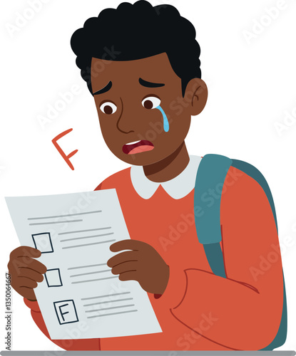 A young student looking distressed while holding a failing report card, showcasing a flat design style in vector art