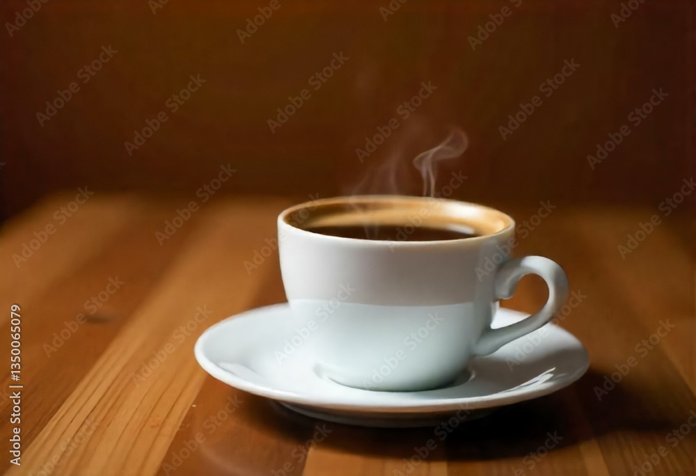 A White Cup of Coffee with Steam Rising on a White Plate Placed on a Wooden Table Against a White Background A White Cup of Coffee with Steam Rising on a White Plate Placed on a Wooden Table Against a White Background